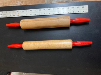 Two Vintage Wooden Rolling Pins With Red Handles