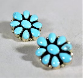 Fine Pair Of Sterling Silver And Turquoise Pierced Earrings