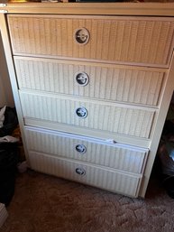 Tall Vintage 5 Drawer Wicker Look Dresser With Drop Ring Pulls