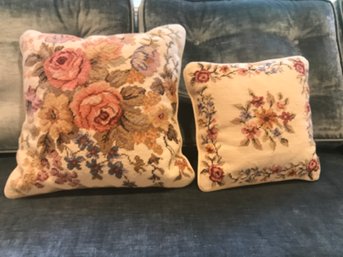 Two Velvet Backed Needlepoint Pillows