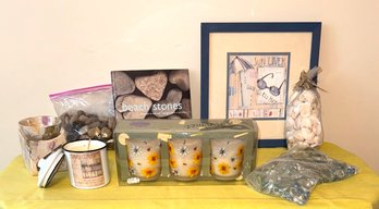 Lot Of Candles, Beach Stones And Book, Shells And Framed Beach Picture