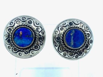 Vintage Silvertone Button Clip Earrings W/ Lapis Lazuli Stone