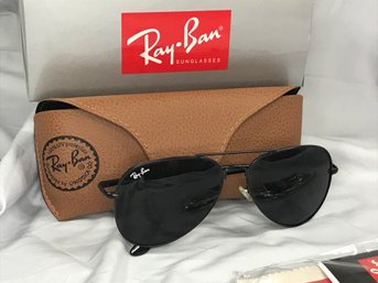 Incredible Brand New RAY BAN Unisex Black On Black Aviator Sunglasses With Box, Case, Polish Cloth, Booklets