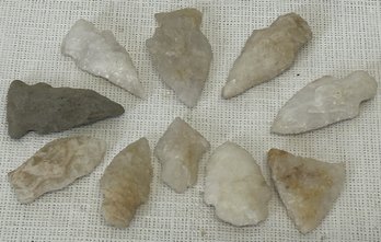 Large Grouping Of 10 Antique To Ancient Native American Quartz And Granite Points