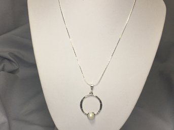 Very Pretty Modern Style Sterling Silver / 925 Necklace With Sterling Single Pearl Pendant - Very Pretty Piece