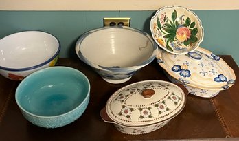 Six Large Decorated Serving Bowls
