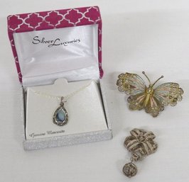 Trio Of Silver Butterfly Brooch, Marcasite Necklace & Silver Wire Floral Pendant