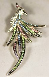 Silver Tone Rhinestone Colorful Bird Of Paradise Brooch Pin