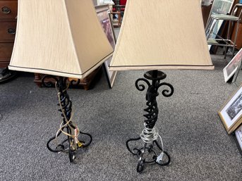 Pair Of Black Iron Lamps With Fabric Shades 33'