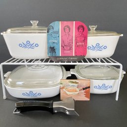 Great Set- 4 Pieces Of Corning Ware Cornflower Cookware, Handle, Recipe Booklet & Pamphlet