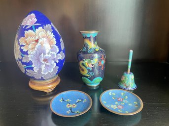 Collection Of Colorful Cloisonne Items Including Large Egg On Stand