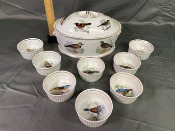 Le Faune Birds Lourioux Fire Proof Porcelain Casserole Dish 10x7.25' With Lid 8 Matching Ramekins