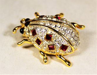 Vintage White And Red Rhinestone Bug Brooch Pin