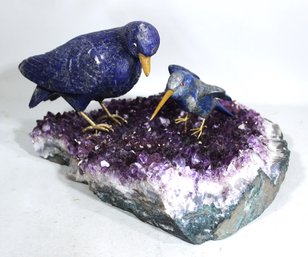 Amazing Amethyst Geode And Carved Lapis Lazuli Birds Sculpture