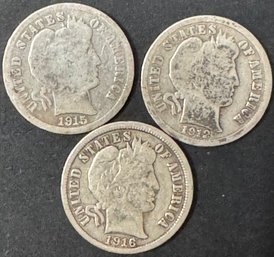 Lot Of 3 Barber Silver Dimes 1912, 1915, 1916