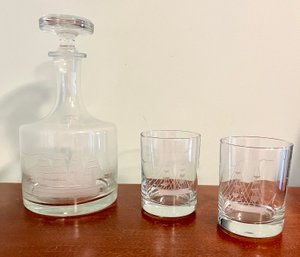 Nautical Etched Glass Decanter And Two Matching Rocks Glasses