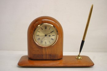 Mid Century Stuart Austin Solid Walnut Quartz Clock Desk Pen Set