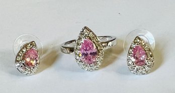 SILVER TONE TEAR DROP PINK & WHITE STONE EARRINGS & RING SET NEVER WORN