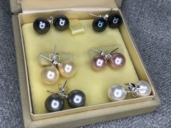 Fabulous Lot Of Six (6) Pairs Of Genuine Shell Pearl Earrings - All With Sterling Silver Posts And Mounts