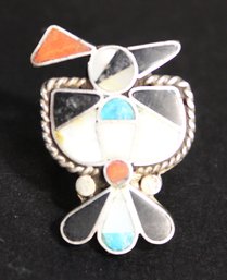 Southwestern Inlaid Silver Ring Of Thunderbird Size 6.5