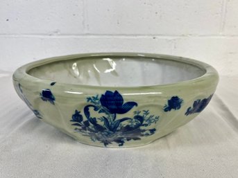 Ceramic Glazed Bowl Or Planter Blue Floral 14' By AAA Imports Decoware