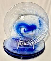 Fantastic Set Of 6 Bormioli Rocco Cobalt Blue Swirl Clear Glass Dinner Plates