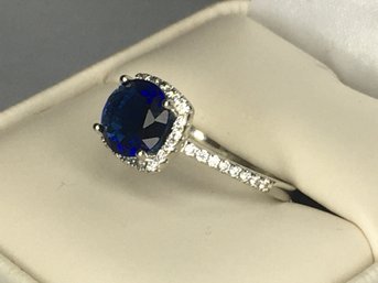 Fabulous 925 / Sterling Ring With Sapphire Encircled With White Zircons - Very Pretty Ring - New Never Worn