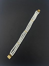 Elegant 3 Strand White Pearl 14k Yellow Gold Bracelet