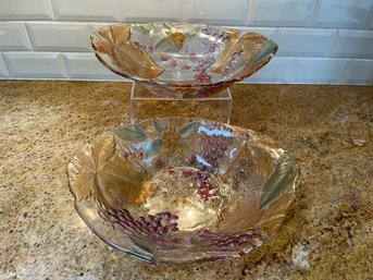 Two Savoir Faire Japan Polychrome Centerpiece Bowls With Colored Raised Grapes And Leaves