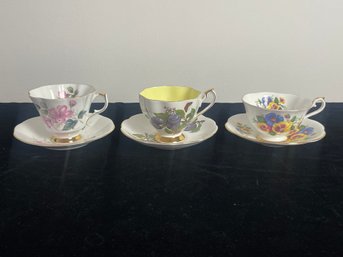 Set Of Three English Fine Bone China Teacups With Saucers