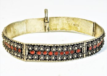 Vintage Sterling Silver And Red Enamel Hinged Bracelet Marked 925