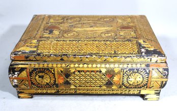 Heavily Inlaid Wood Sewing Box Having Tufted Silk Interior With Mirror