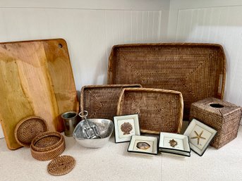 A Collection Of Seagrass Trays And Assorted Items