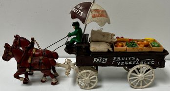 Vintage Cast Iron Fruit & Veg Cart - Horse Drawn Wagon With Driver - Unmarked