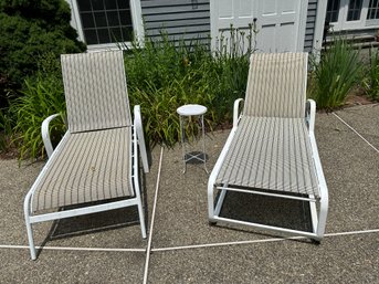 Pair Patio Chaise Lounges & Small Metal Table