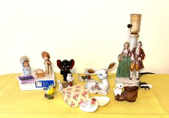 M Collection Of Ceramic & Porcelain Knick Knacks W/ Occupied Japan Lamp, Miniature Figurines W/ Nativity, More