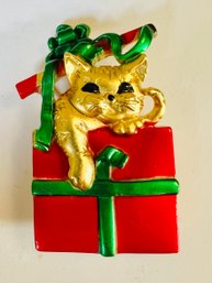 SIGNED AJC CAT & GIFT BOX BROOCH