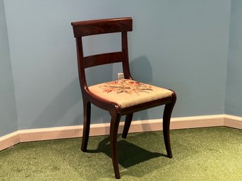 A Vintage Side Chair With Rich Wood Grains & A Needlework Seat