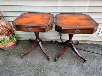 Pair Of Weiman Tooled Leather Top Tables