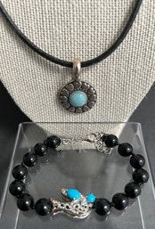 PEACE Sterling  925 Turquoise Pendant Leather Necklace  & Black Onyx & Sterling 925 Charm W/turquoise Bracelet