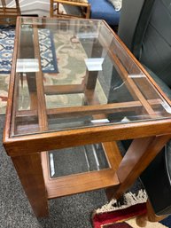 Two Tier Beveled Glass Top And Shelf Side Table With Wood Trim