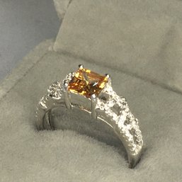 Very Pretty Sterling / 925 Ring With White Zircons And Beautiful Orange Topaz - Very Pretty Ring - New !