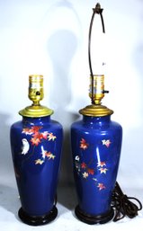 Pair Antique Japanese Silver Cloisonne Enamel Table Lamps W Birds Meiji Period