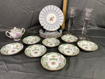 6 Crown Porcelain Plates Floral Design 8in, 8 Adderley Bone China Dessert Bowls, Wood & Sons Sugar Dish