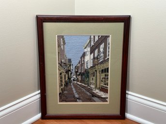 Vintage Embroidered Street Scene Framed Art