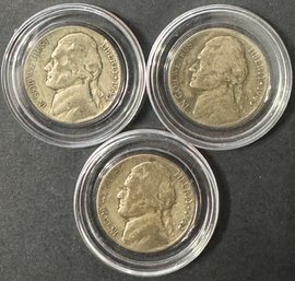 Lot Of 3 Silver Jefferson War Nickels 1943, 1943-D, 1943-S