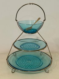 Vintage Hazel Atlas Capri Turquoise Blue Hobnail Glass Tiered Dessert Stand