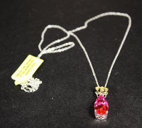 Fine Sterling Silver 20' Long Chain Having Spinel Pink Pendant Having Gold Accents