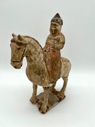 8th-Century Tang Dynasty Chinese Terracotta Horse And Rider In Original Condition