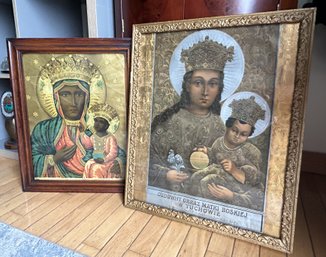 Pair Of Antique Polish Religious Chromolithographs In Frame-infant Of Prague And Virgin Mary- NO SHIPPING